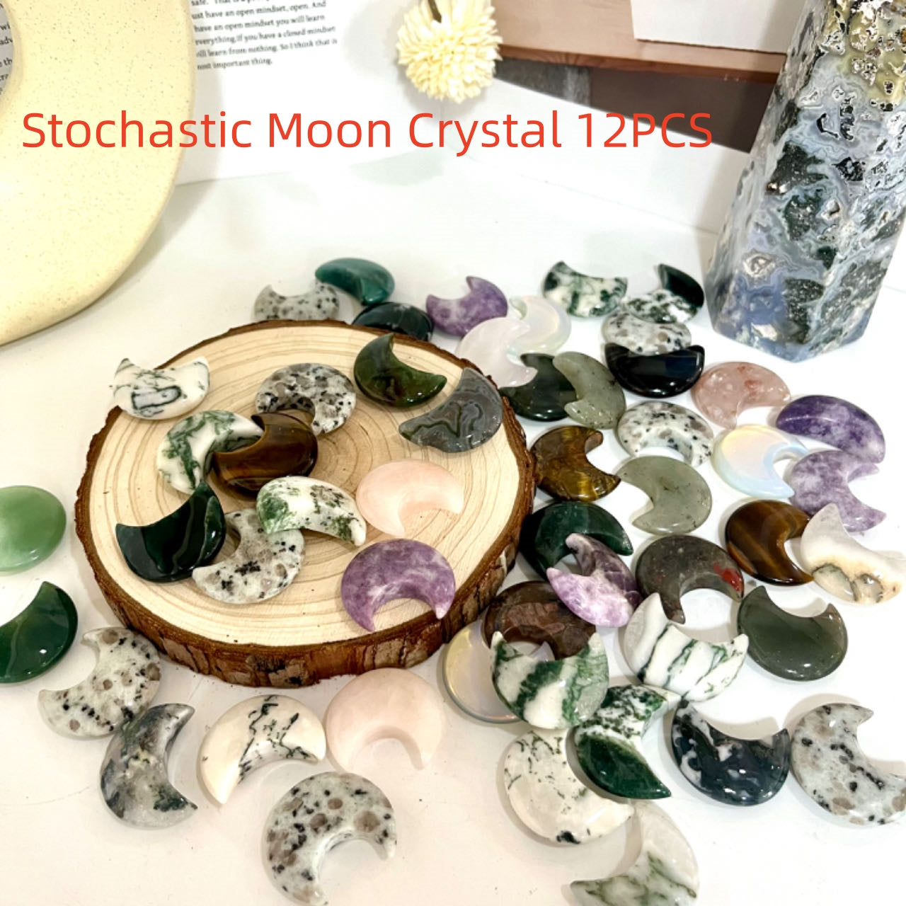 12PCS Different Maerail 3cm Moon & Star Crystal Set Tiger Eyes Pink Opal Green Flourite Yellow Flourite Clear Quartz Citrine Dream  Amethyst Sodalite Rose Quartz From IG Crystal