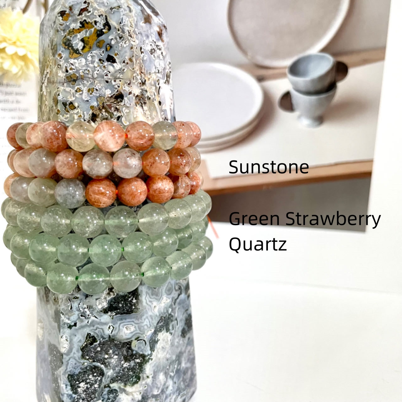 6PCS 8~10mm Crystal Bracelets Set Golden Rutile Moss Agate Sunstone Green Strawberry Quartz Blue Onyx Rose Quartz Black Moonstone Alxa Pink Flower Agate Lepidolite Black Flower Agate From IG Crystal