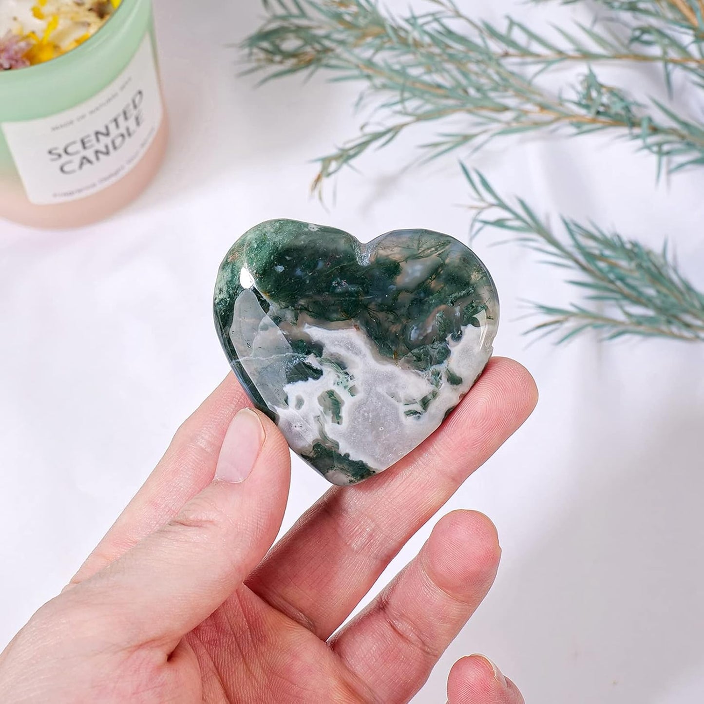 3 Counts Natural Moss Agate Heart Healing Crystal Hand-carved Moss Agate Love Heart Healing Stone Balancing Reiki Crystal Collection Creativity Ornaments Home Decor Desk Decor From IG Crystal
