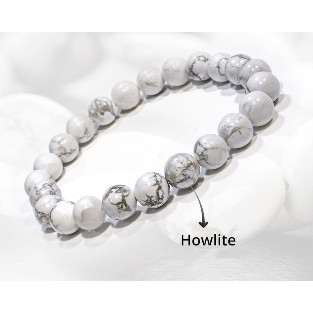 5 Counts Natural Howlite Gem Semi Precious Beads Bracelet – Healing Crystal Handmade Bracelet for Women Men and Teens Gift – 8mm Round Beaded Bracelets – Unisex Stretch Yoga Bracelet – Protection Bracelet From IG Crystal