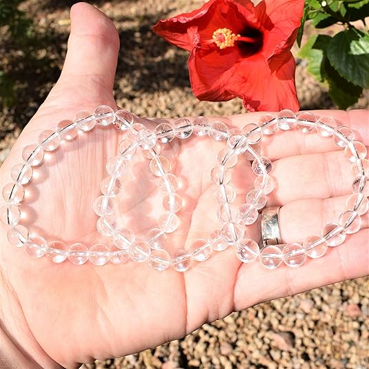 5 Counts Natural Clear Quartz Bracelet – Handmade Gem Semi Precious Gemstone Bracelet – Unisex Stretch 8mm Round Beaded Bracelets – Healing Crystal Bracelet for Women, Men, and Teens – Mens Bracelet From IG Crystal