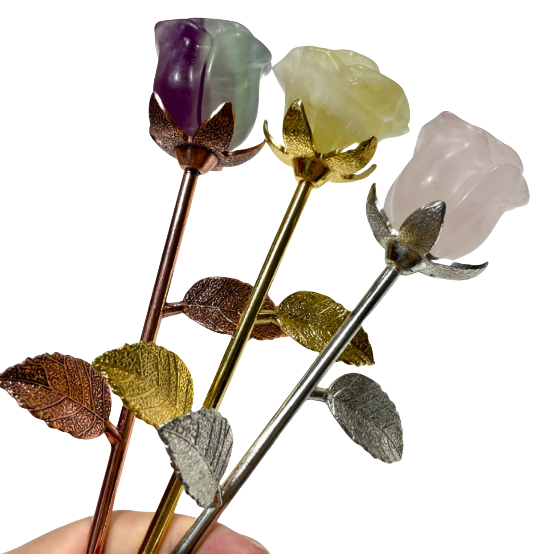 3 Counts Fluorite Rose Crystal With Golden Silvery Leaves Healing Crystal Gem Reiki Healing Home Decor Crystal Jewelry Shop Pretty Crystals From IG Crystal