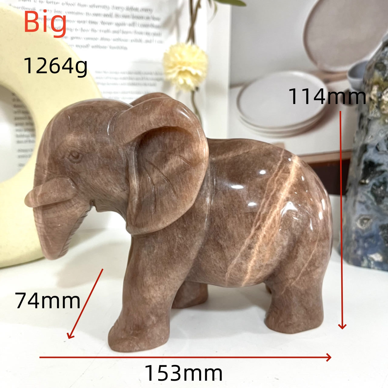 Hand-Carved Natural Orange Moonstone Elephant Crystal Statue From IG Crystal