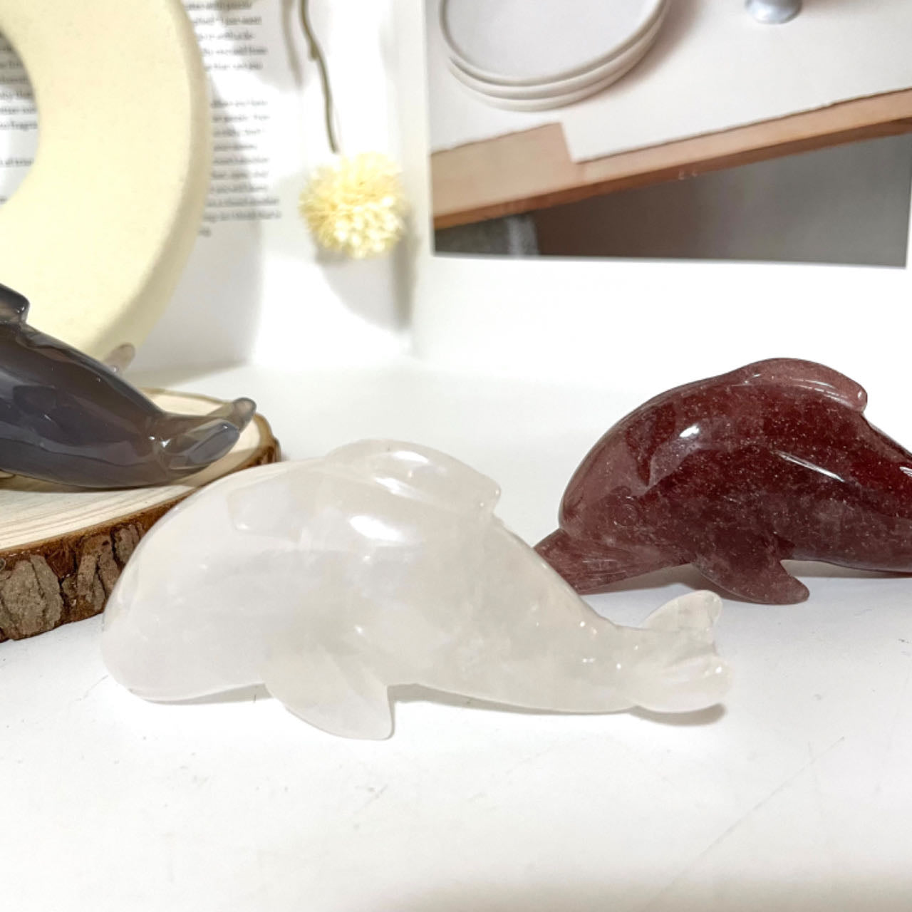 2 Counts Different Maerail Dolphin Crystal Rose Quartz Clear Quartz Agate Yellow Jasper Strawberry Quartz From IG Crystal