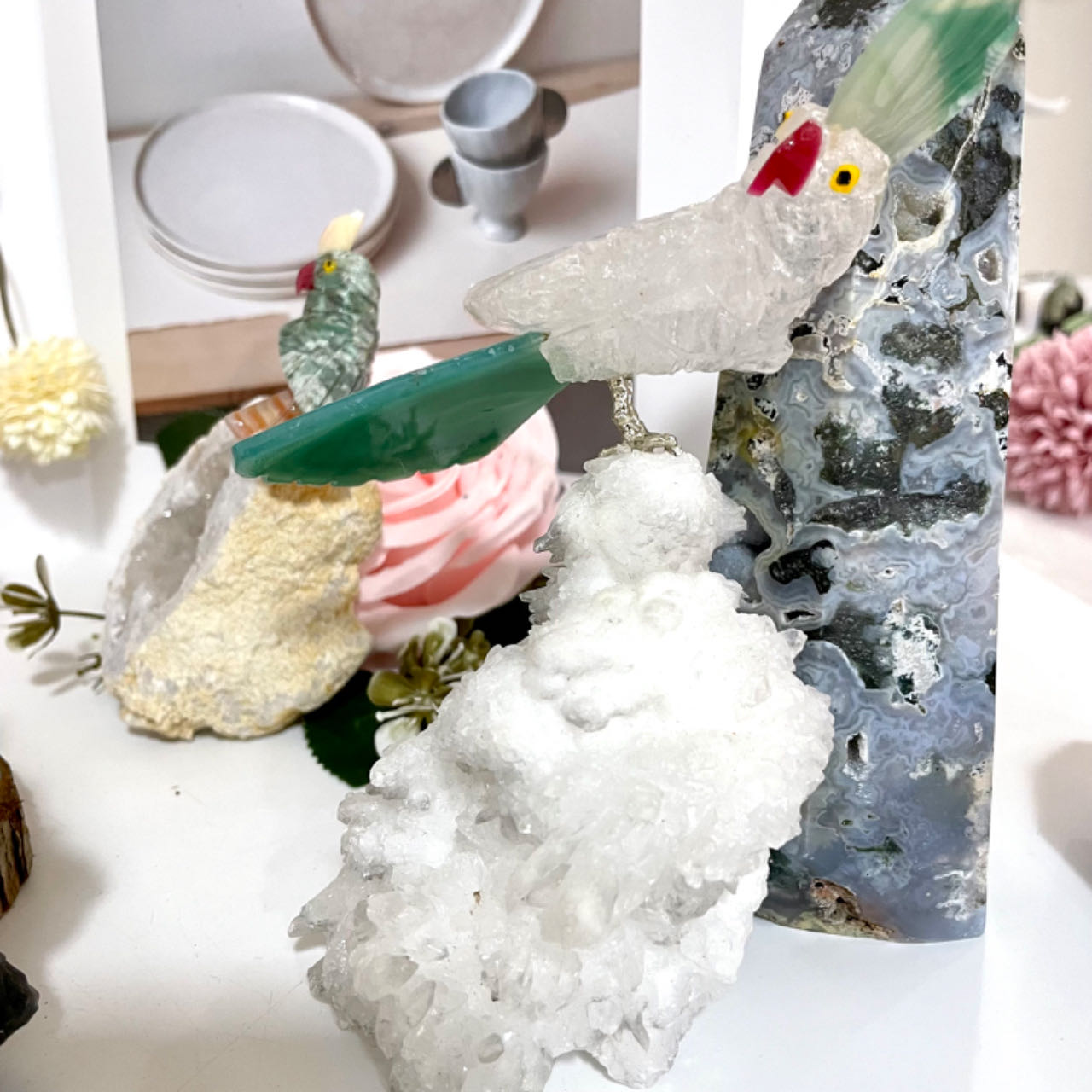 Different Maerail Crystal Bird Statue Clear Quartz Rose Quartz Druzy Green Fluorite Malachite Sodalite From IG Crystal
