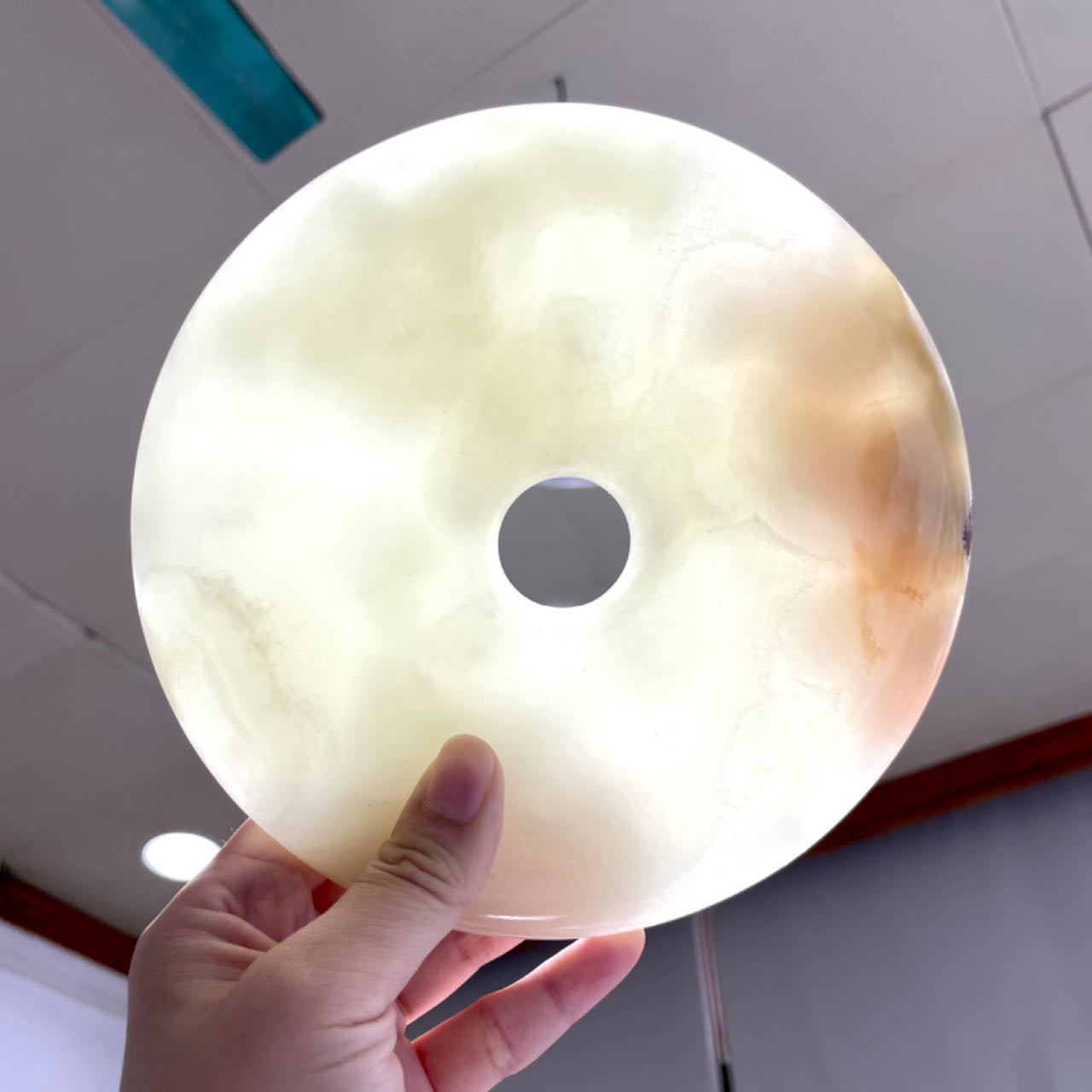 1 Count Jade Donut Crystal 16CM Xiu Yan Jade With Wood Stand Healing Crystal Home Decoration From IG Crystal