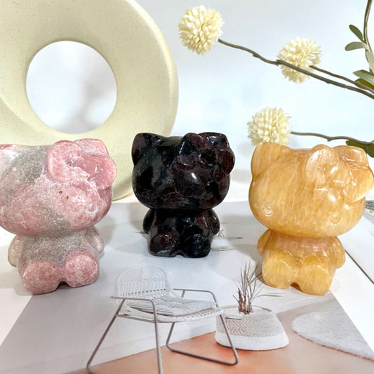 IG Crystal 2 Counts Hello Kitty Crystal Yellow Calcite Pink Opal Garnet Healing Crystal Home Decoration