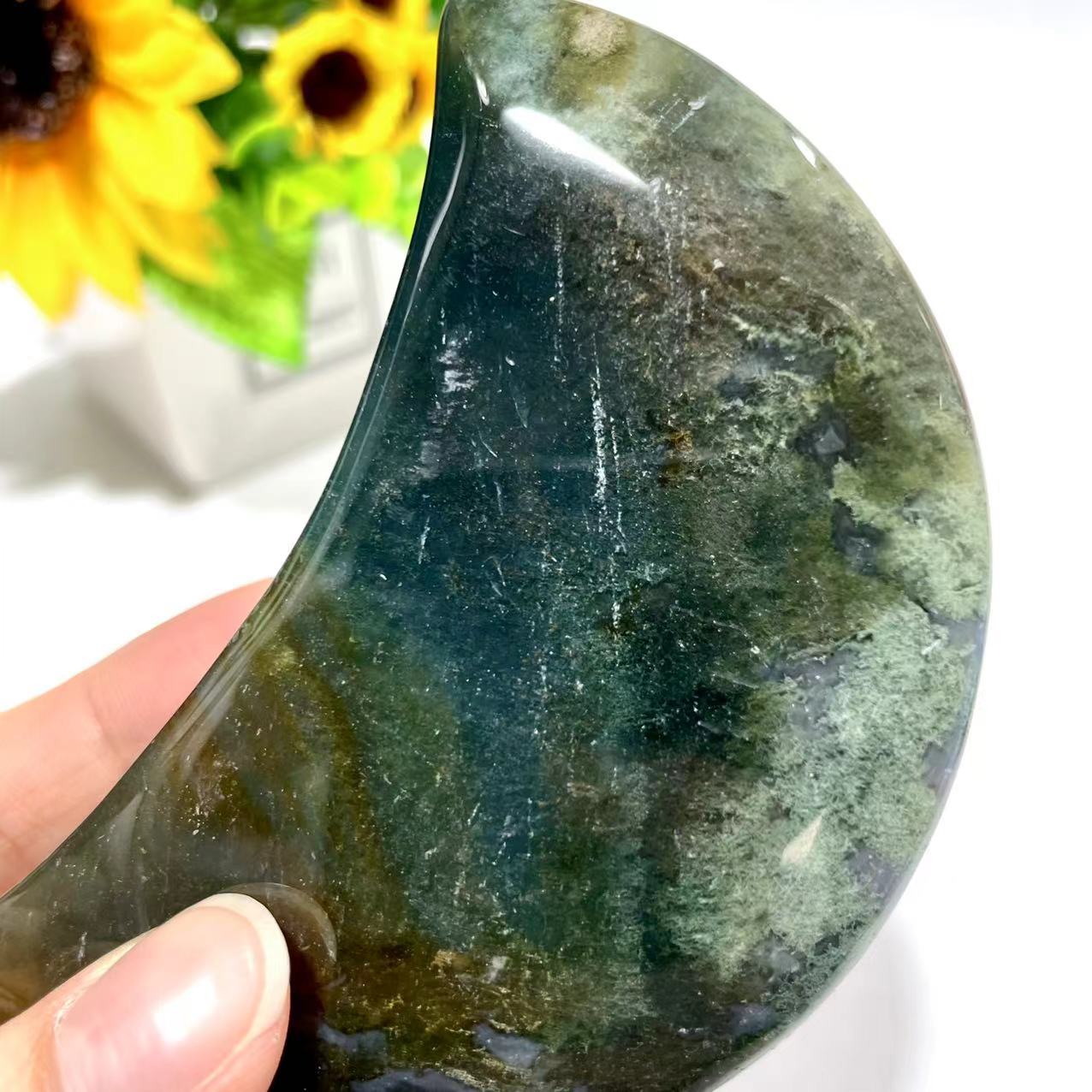 Moss Agate Moon Shape Crystal Natural Stone Gem Mining Chakra Balancing Reiki Healing Crystal Mystery Crystal Display Crystal Shopping Online Home Office Decor From IG Crystal