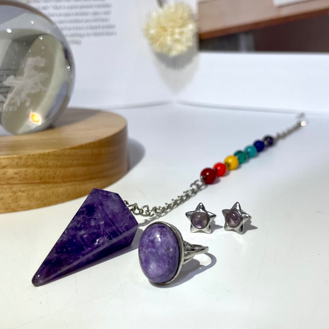 Crystal Necklace Ring Earrings Set Amethyst Clear Quartz Rose Quartz Charoite From IG Crystal