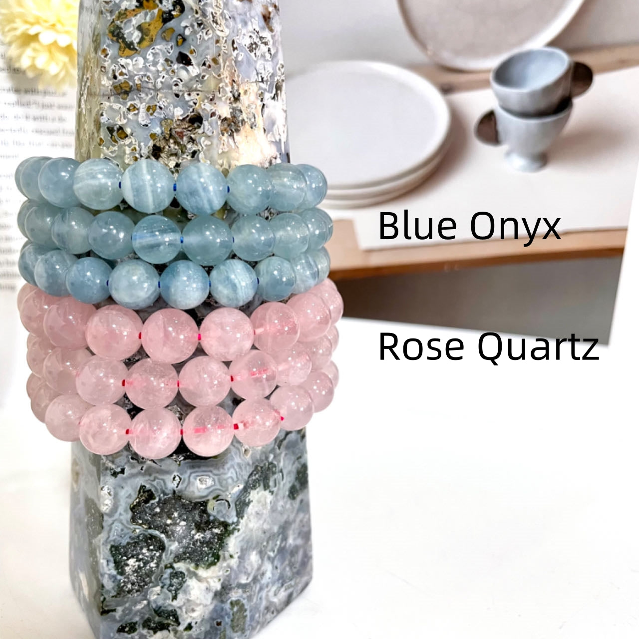 6PCS 8~10mm Crystal Bracelets Set Golden Rutile Moss Agate Sunstone Green Strawberry Quartz Blue Onyx Rose Quartz Black Moonstone Alxa Pink Flower Agate Lepidolite Black Flower Agate From IG Crystal