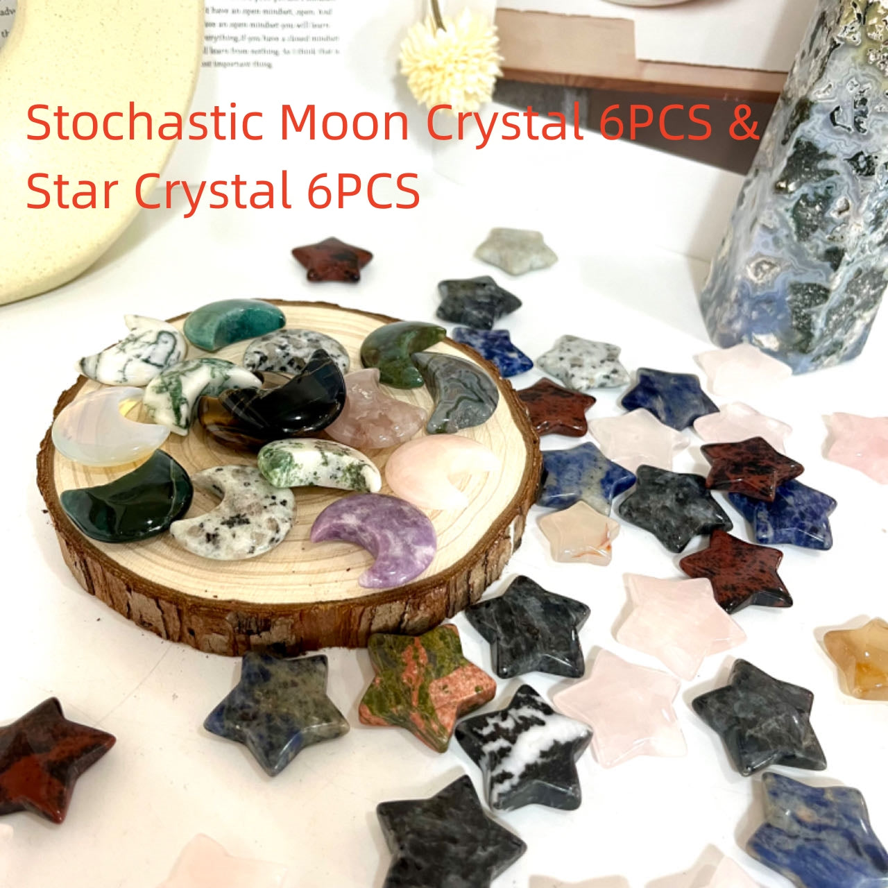 12PCS Different Maerail 3cm Moon & Star Crystal Set Tiger Eyes Pink Opal Green Flourite Yellow Flourite Clear Quartz Citrine Dream  Amethyst Sodalite Rose Quartz From IG Crystal