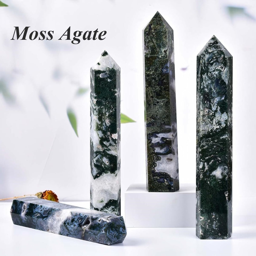 Large Moss Agate Crystal Tower Healing Crystal Wand for Spiritual Use Hexagonal Point Reiki Chakra Gemstone Home Decor From IG Crystal