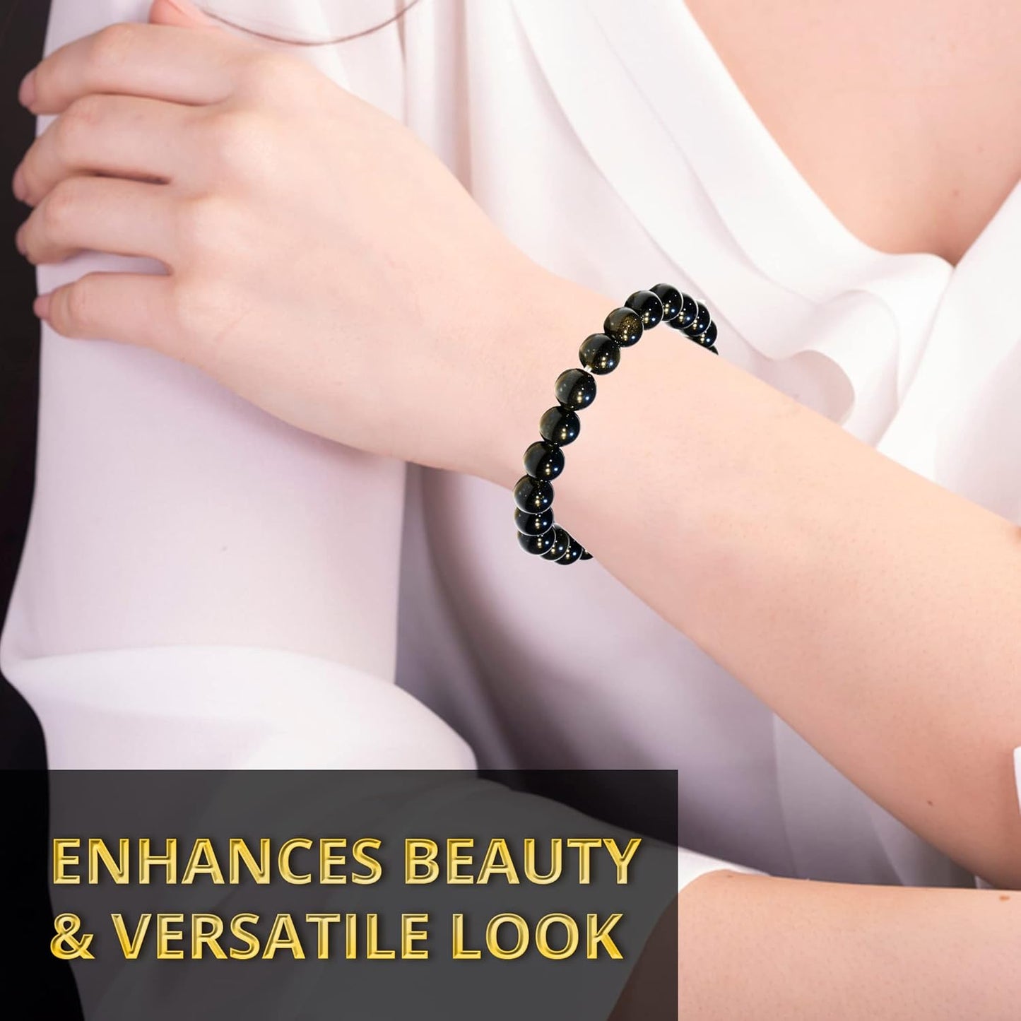 5 Counts Black Obsidian Crystal Bead Bracelet – Healing Crystal Bracelet for Women and Men – 8mm Black Beaded Bracelets for Spiritual Healing, Positive Energy – Unisex Elastic Adjustable Gemstone Bracelet From IG Crystal
