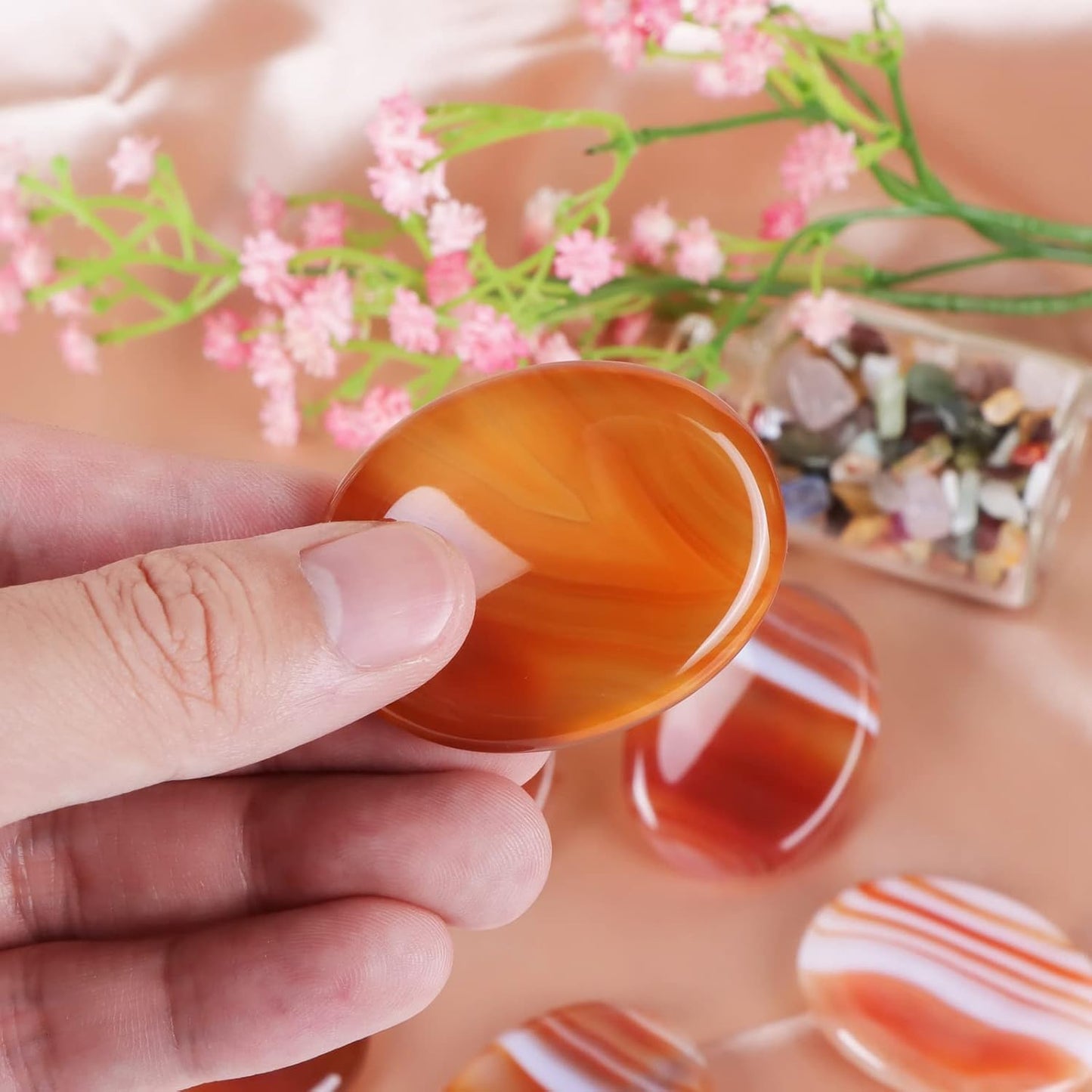 IG Crystal Thumb Worry Stones for Anxiety Healing Crystals Sets 8 Counts Red Carnelian Agate Hand Carved Gemstone Pocket Palm Stone Meditation Reiki Chakra