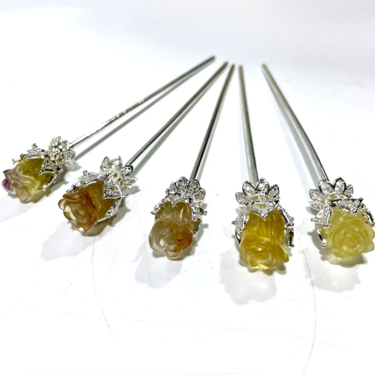 6 Counts 14CM Fluorite Flower Hairpins Silver Metal Hair Sticks Pins Chinese Hanfu Asian Flower Hair Chopsticks Hair Bun Updo Holders Long Hairpins for Women Girls From IG Crystal