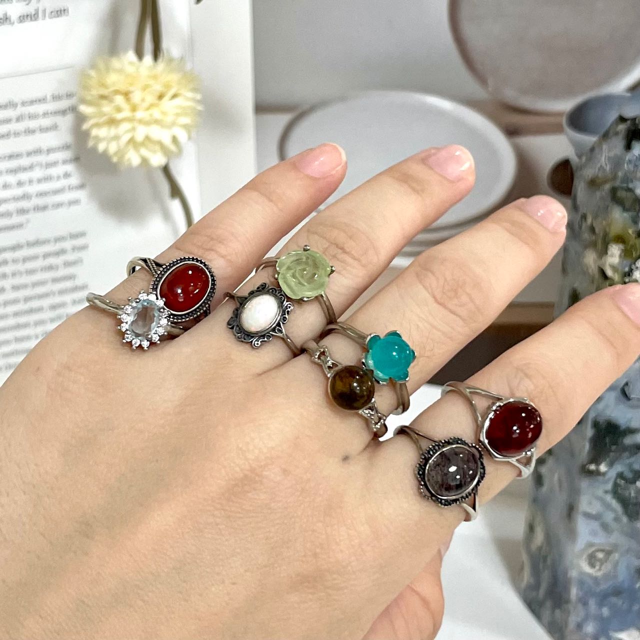 Stochastic 2PCS Rings Citrine Green Rutile Clear Quartz Rose Quartz Prehnite Ocean Jasper Larimar Amazonite Peridot Amethyst From IG Crystal