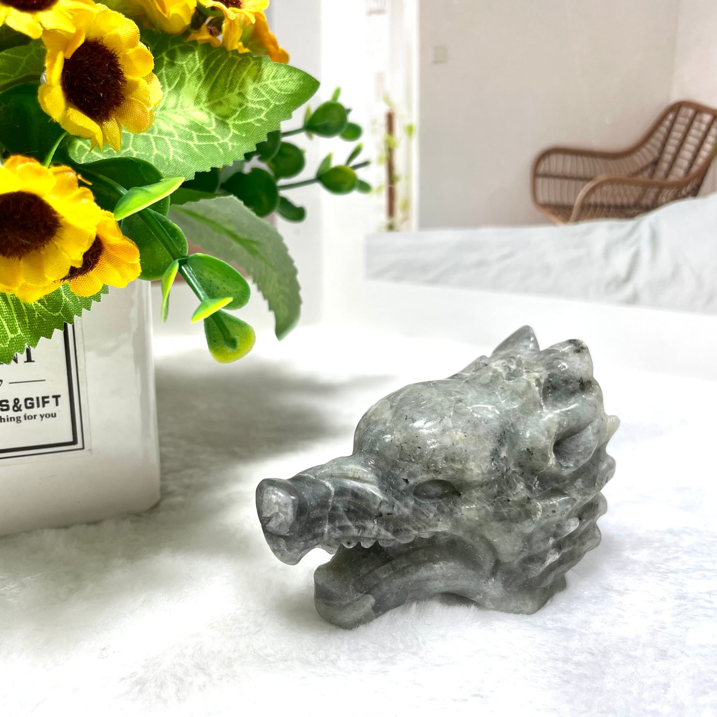 1 Count Labradorite Yooperlite Wolf Head Skull Crystal Carving Natural Stone Gem Mining Chakra Balancing Reiki Healing Crystal Mystery Crystal Display Crystal Shopping Online Home Office Decor From IG Crystal