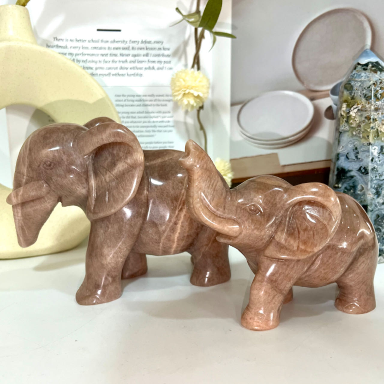 Hand-Carved Natural Orange Moonstone Elephant Crystal Statue From IG Crystal