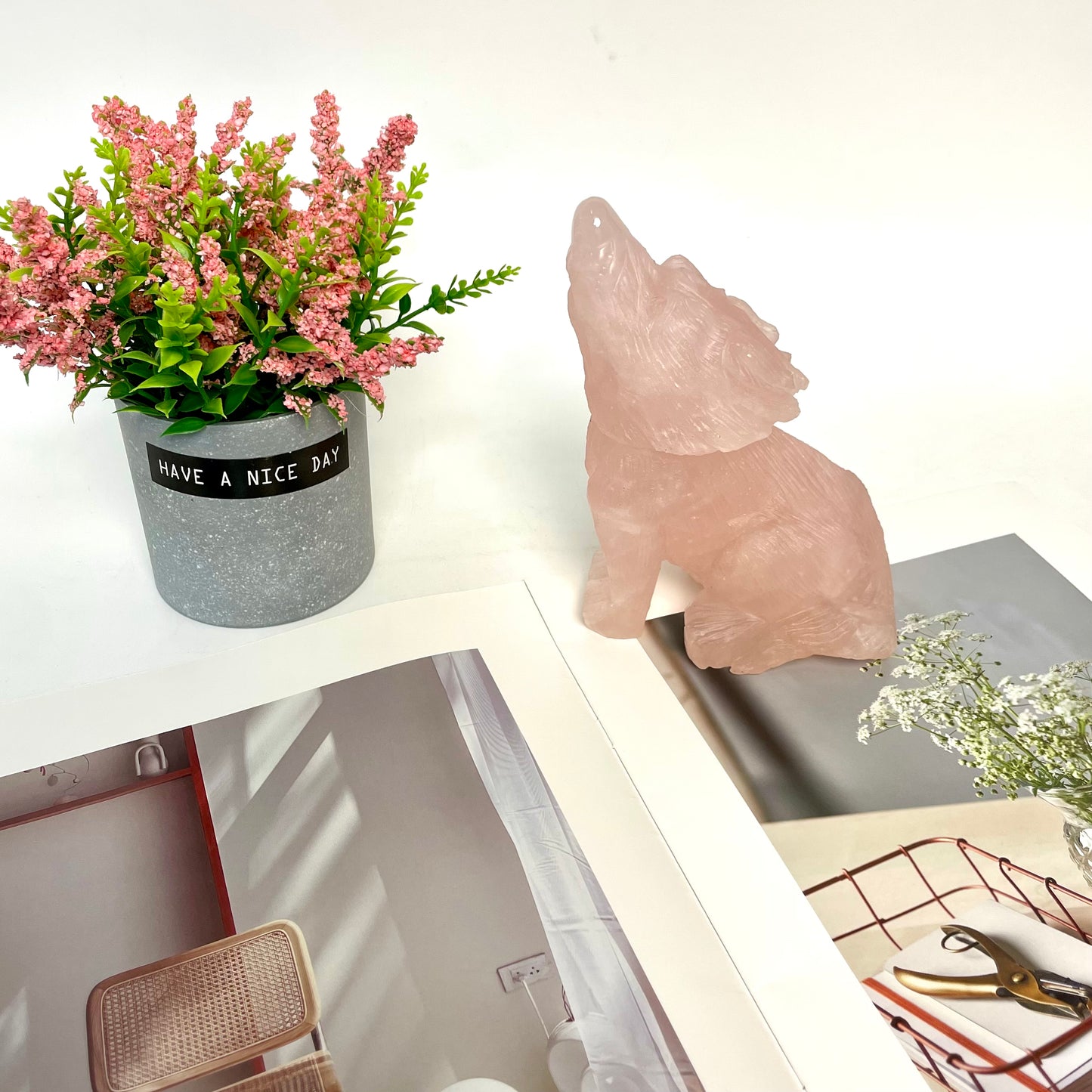 1 Count Rose Quartz Strawberry Quartz Wolf Crystal Carving Healing Stones Natural Stone Chakra Balancing Reiki Home Office Decor From IG Crystal