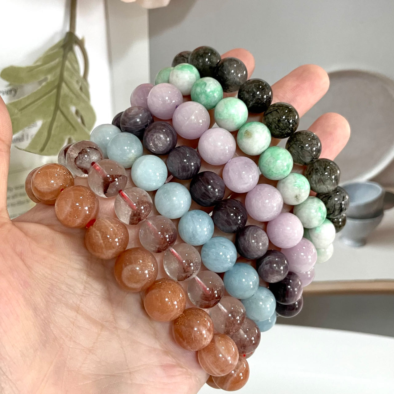 2 / 7PCS Crystal Bracelets Set Lasionite Purple Mica Morganite Black Rutile  Red Pyramid Kunzite Sunstone From IG Crystal