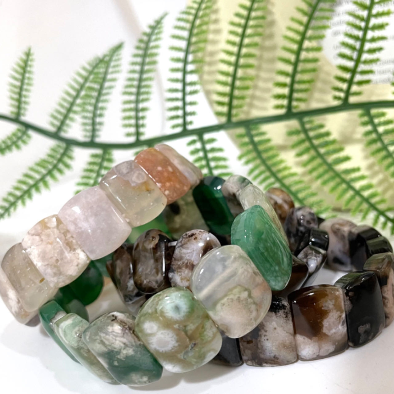 2PCS Set Square Crystal Bracelets Black Flower Agate Pink Flower Agate Green Flower Agate Fire Quartz Yellow Tiger Eyes Amethyst Healing Stone From IG Crystal