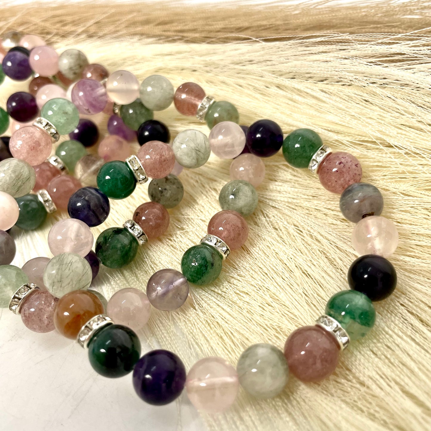3 Counts Crystal Bracelets 9~10mm Amethyst Rose Quartz Rutile Strawberry Quartz Fluorite Natural Crystals Healing Crystals Bracelet for Women and Men Teens Crystal Jewelry Shop Pretty Crystals From IG Crystal