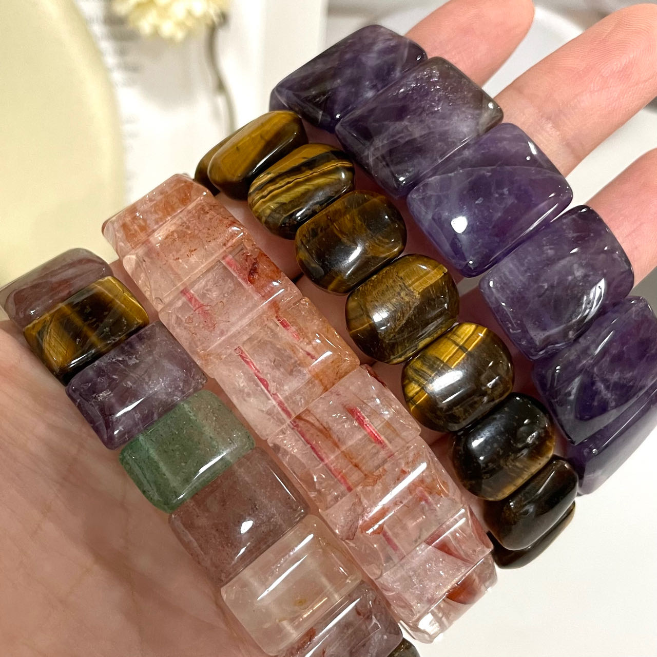 2PCS Set Square Crystal Bracelets Black Flower Agate Pink Flower Agate Green Flower Agate Fire Quartz Yellow Tiger Eyes Amethyst Healing Stone From IG Crystal