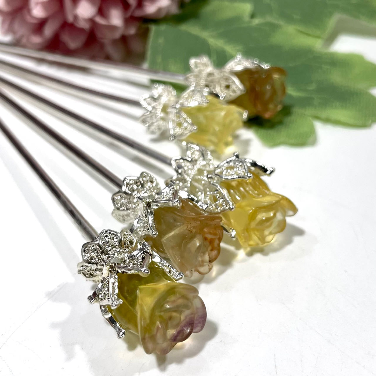 6 Counts 14CM Fluorite Flower Hairpins Silver Metal Hair Sticks Pins Chinese Hanfu Asian Flower Hair Chopsticks Hair Bun Updo Holders Long Hairpins for Women Girls From IG Crystal