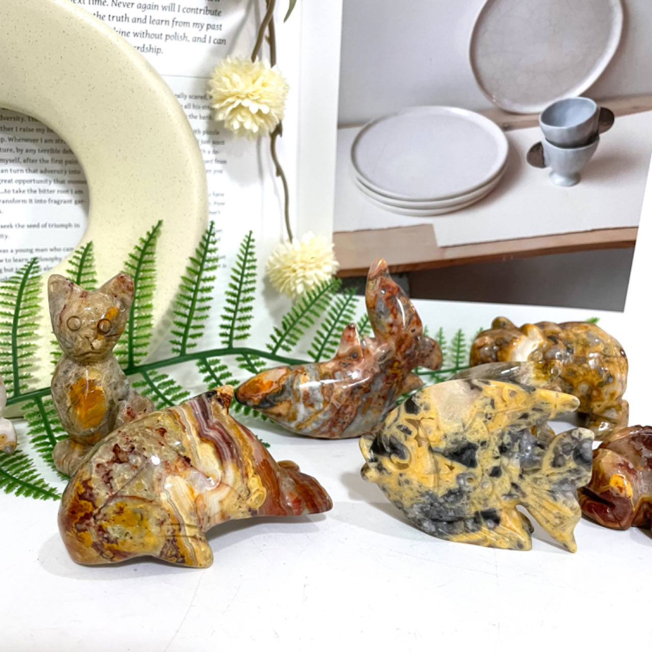 Crazy Lace Agate Animals Crystal Dog Dolphin Frog Cat Fish Shark Bear Rhinoceros Tortoise Healing Stone Home Decoration From IG Crystal