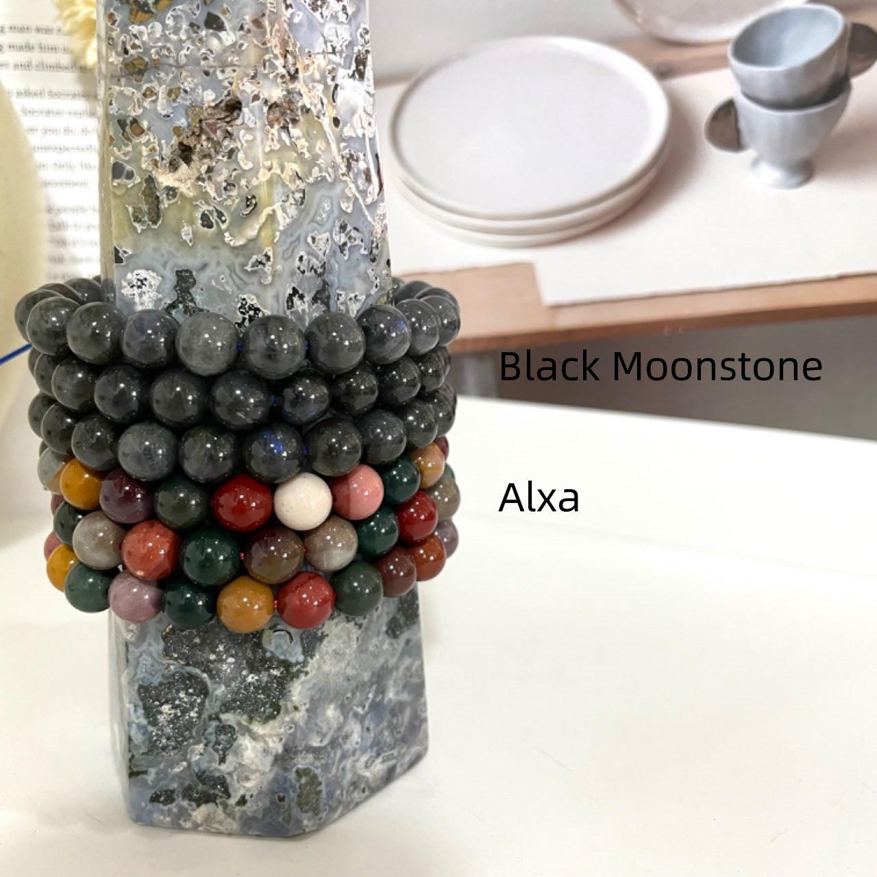 6PCS 8~10mm Crystal Bracelets Set Golden Rutile Moss Agate Sunstone Green Strawberry Quartz Blue Onyx Rose Quartz Black Moonstone Alxa Pink Flower Agate Lepidolite Black Flower Agate From IG Crystal