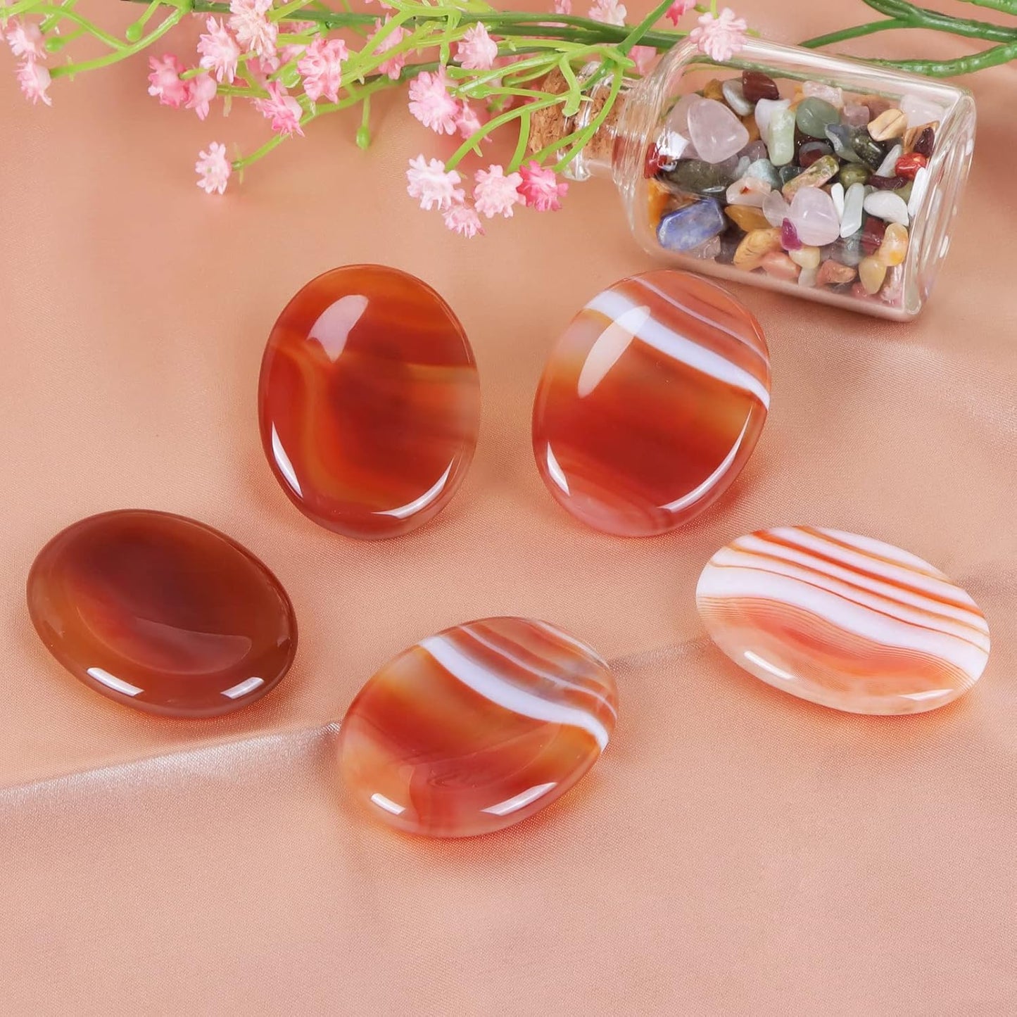 IG Crystal Thumb Worry Stones for Anxiety Healing Crystals Sets 8 Counts Red Carnelian Agate Hand Carved Gemstone Pocket Palm Stone Meditation Reiki Chakra