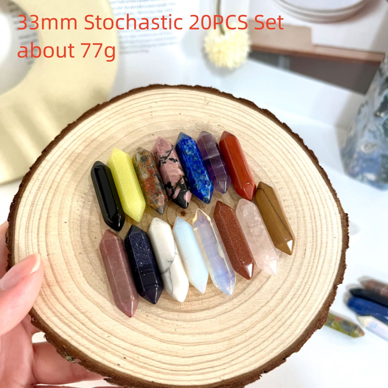 Different Maerail Small Crystal Wands Set Tiger Eyes Pink Opal Hematite Green Flourite Yellow Flourite Clear Quartz Bumblebee Jasper Dream  Amethyst Sodalite Dragon Blood  Stone From IG Crystal