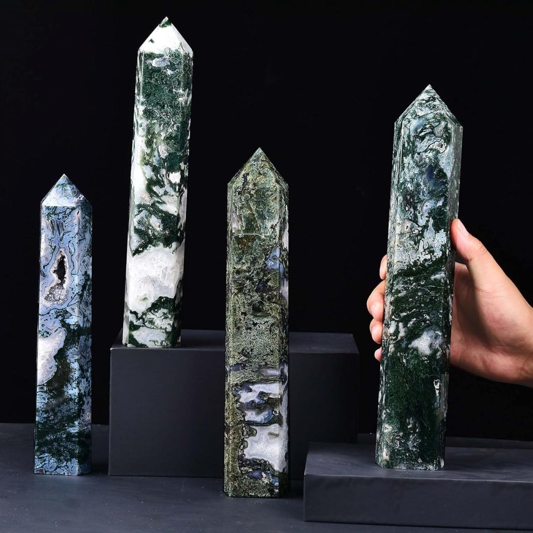 Large Moss Agate Crystal Tower Healing Crystal Wand for Spiritual Use Hexagonal Point Reiki Chakra Gemstone Home Decor From IG Crystal