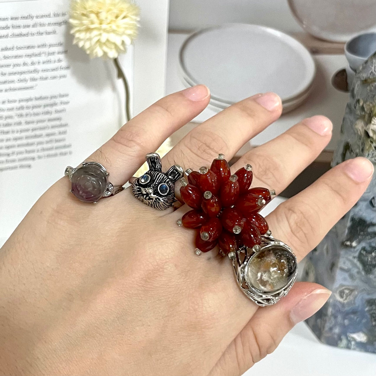 Stochastic 2PCS Rings Citrine Green Rutile Clear Quartz Rose Quartz Prehnite Ocean Jasper Larimar Amazonite Peridot Amethyst From IG Crystal