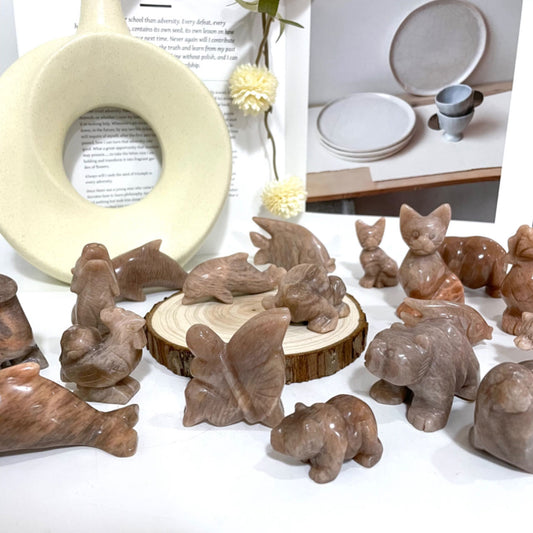 Peach Moonstone Animals Crystal Frog Wolf Flower Fairy Dog Fish Chicken Dinosaur Seal Bear Cat Dolphin Healing Stone Home Decoration From IG Crystal