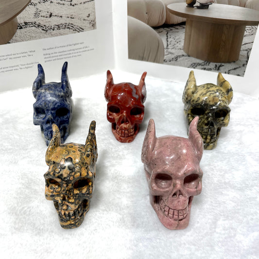 1 Count Different Materials Skull With Wings Crystal Carvings Sodalite Red Jasper Floriated Jasper Leopard Skin Jasper Rohdnite Healing Stones Natural Stone Chakra Balancing Reiki Home Office Decor From IG Crystal