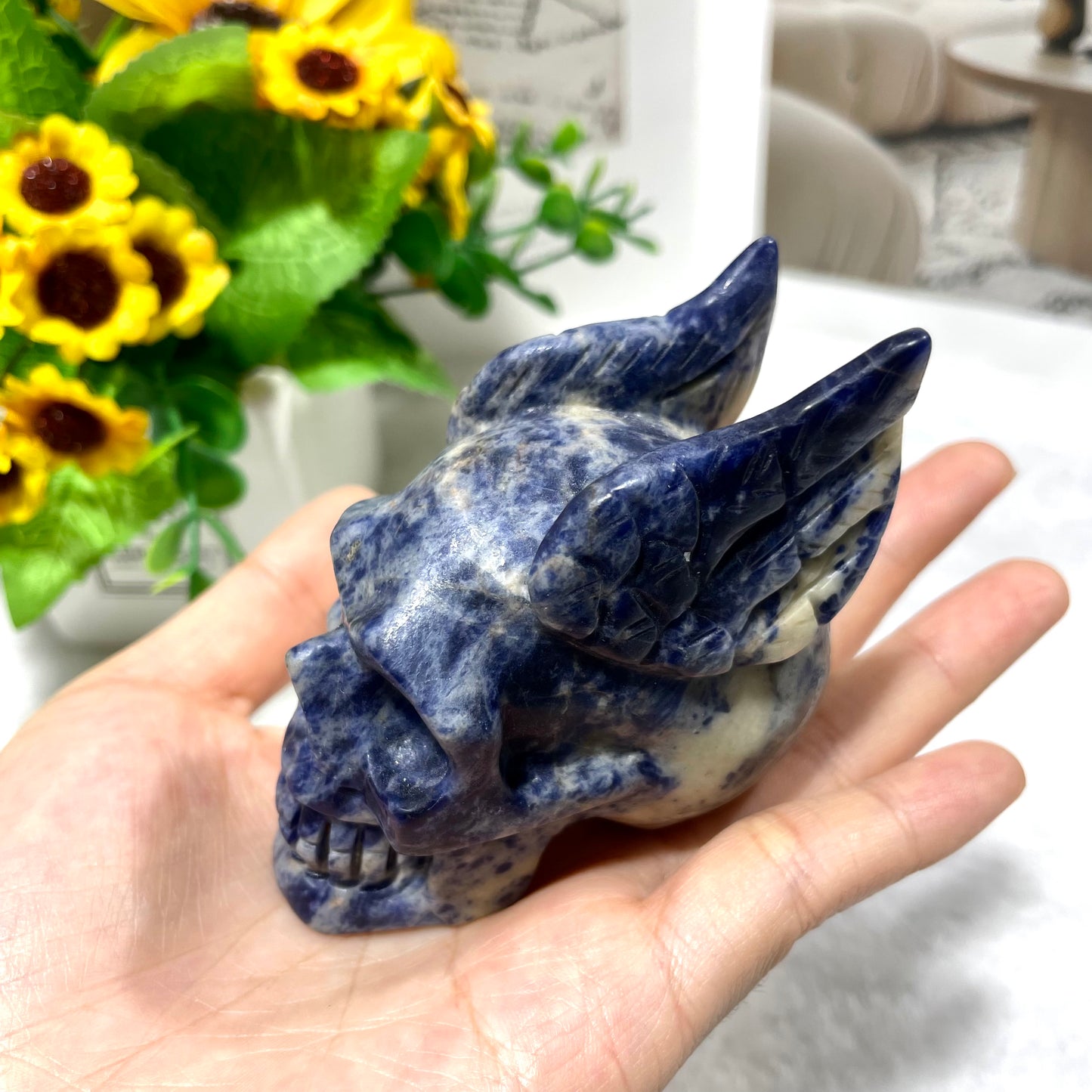 1 Count Different Materials Skull With Wings Crystal Carvings Sodalite Red Jasper Floriated Jasper Leopard Skin Jasper Rohdnite Healing Stones Natural Stone Chakra Balancing Reiki Home Office Decor From IG Crystal