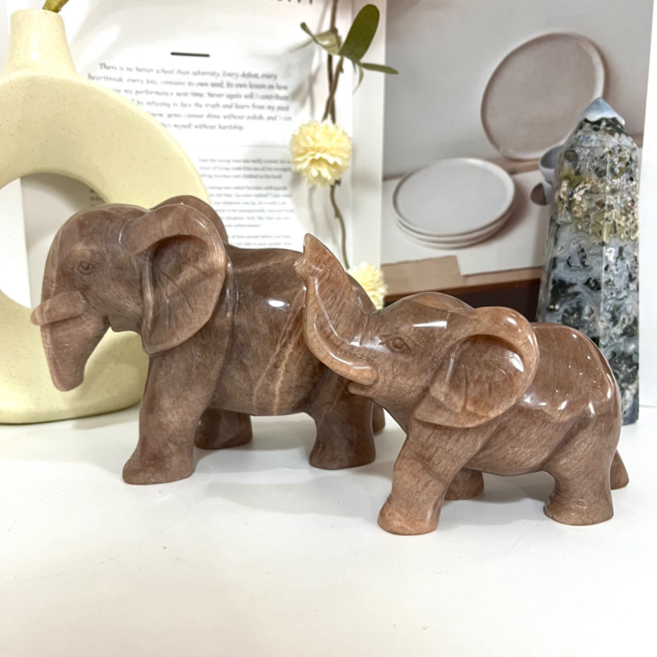 Hand-Carved Natural Orange Moonstone Elephant Crystal Statue From IG Crystal