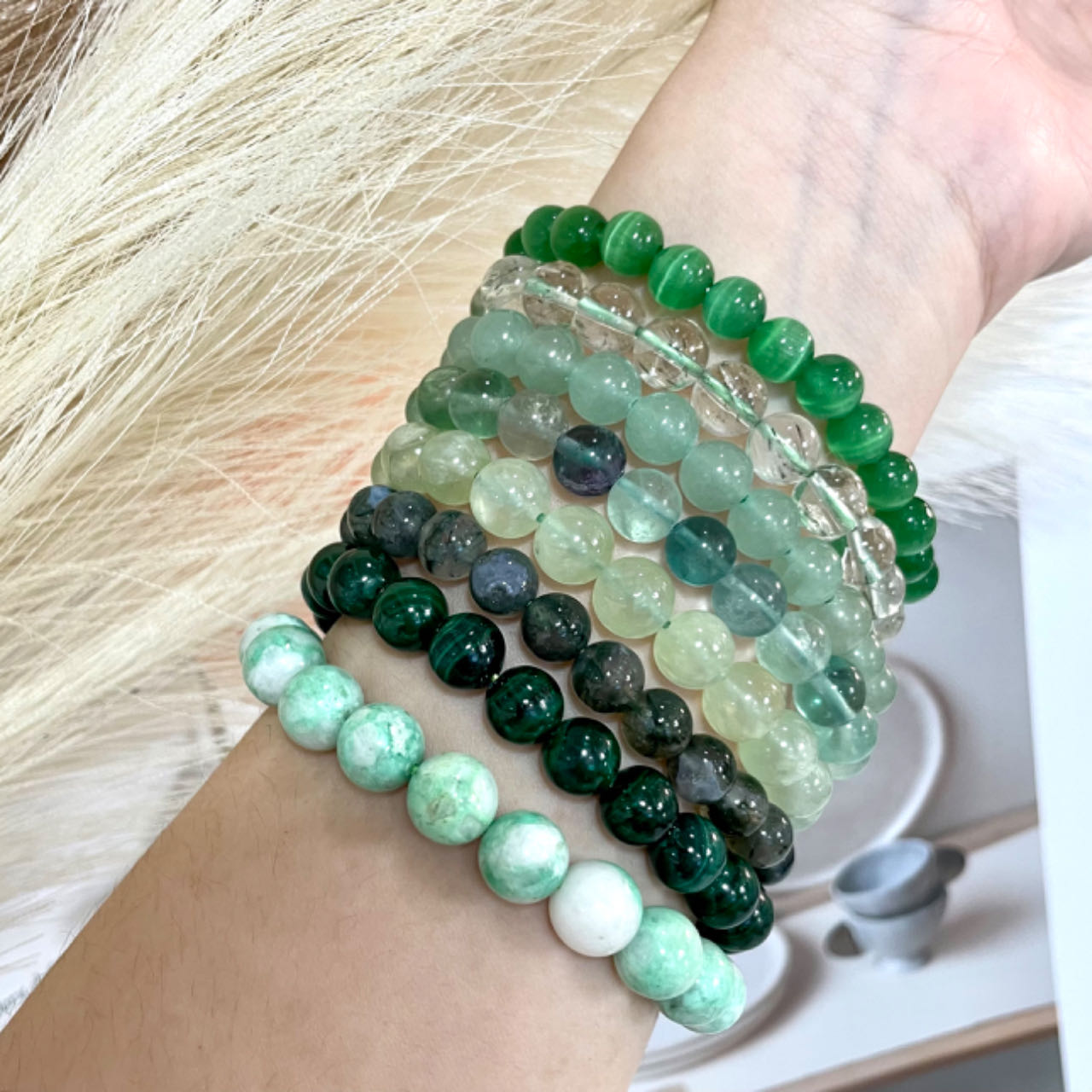 8PCS Green Crystal Bracelets Set  Cat Eyes Stone Green Rutile Strawberry Quartz Rainbow Flourite Prehnite Moss Agate Malachite Lasionite From IG Crystal