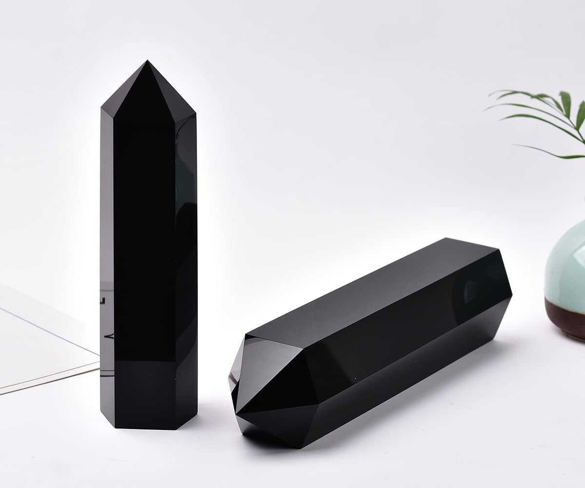 Stochastic 1PCS Large Black Obsidian Crystal Tower Natural Healing Crystal Point Wand Obelisk 6 Faceted Reiki Chakra Meditation Therapy Home Decor Gift From IG Crystal