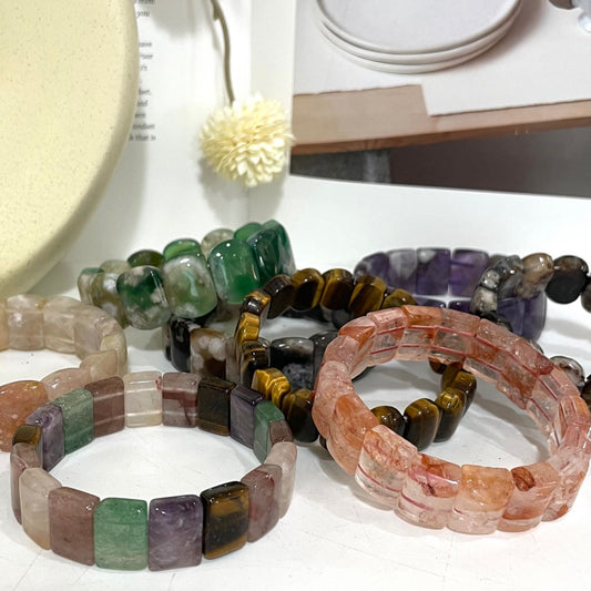 2PCS Set Square Crystal Bracelets Black Flower Agate Pink Flower Agate Green Flower Agate Fire Quartz Yellow Tiger Eyes Amethyst Healing Stone From IG Crystal