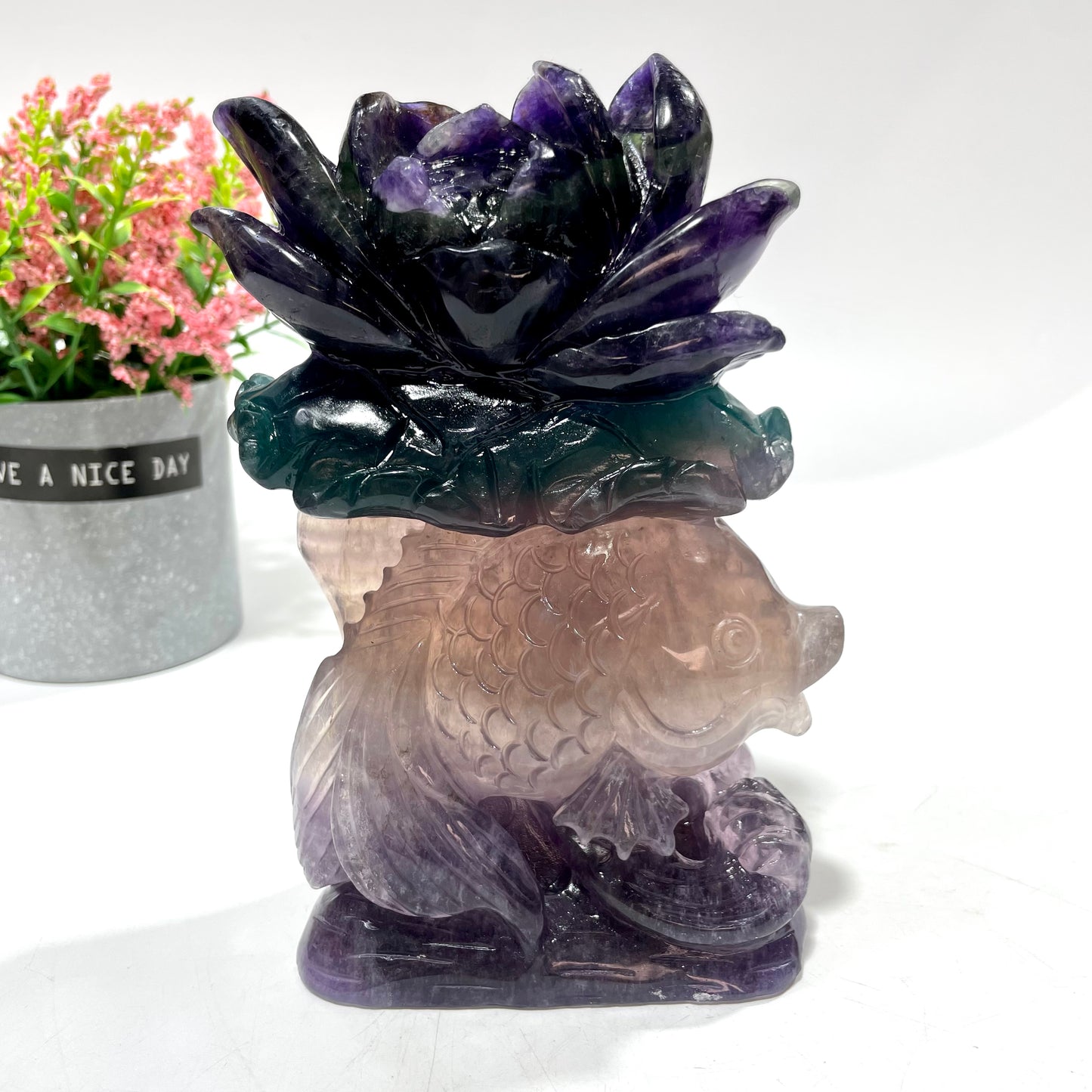 1 Count Fluorite Flower Fish Crystal Carving Healing Stones Natural Stone Chakra Balancing Reiki Home Office Decor From IG Crystal