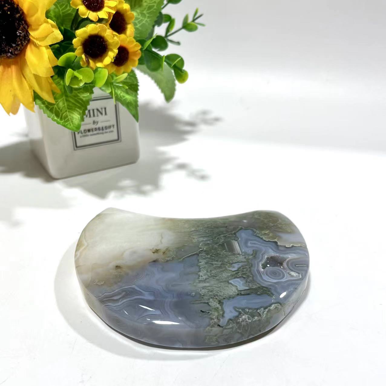 Moss Agate Moon Shape Crystal Natural Stone Gem Mining Chakra Balancing Reiki Healing Crystal Mystery Crystal Display Crystal Shopping Online Home Office Decor From IG Crystal