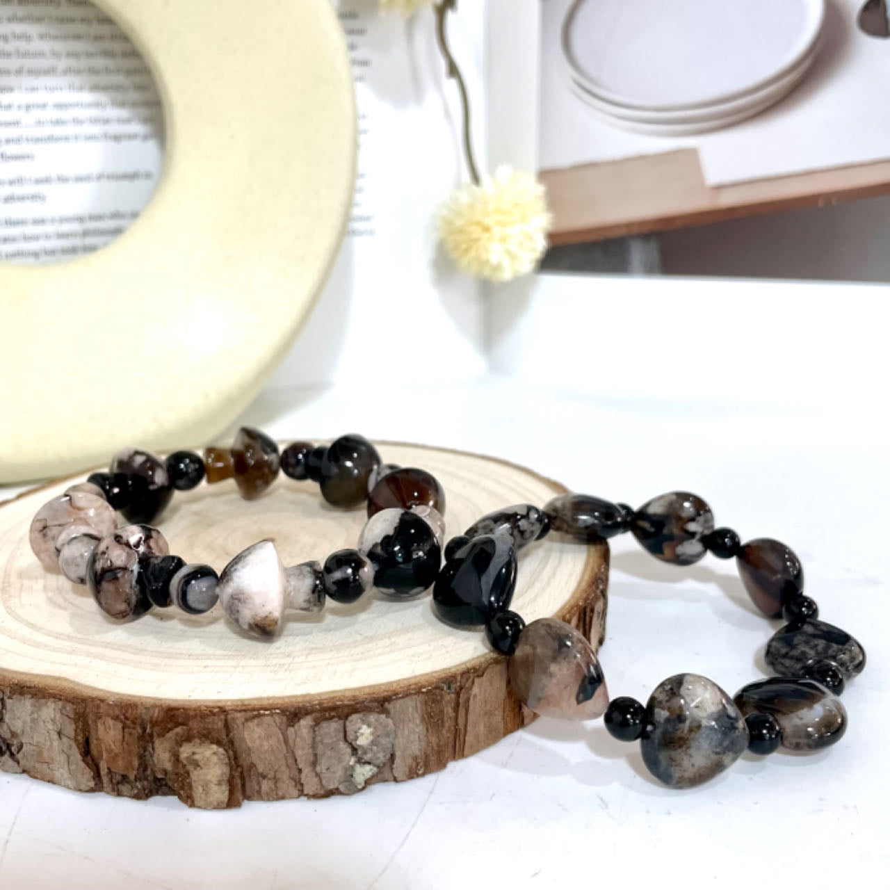 2 Counts Black Flower Agate Bracelet Set Energy Healing Crystals Jewelry for Women DIY Bracelet From IG Crystal