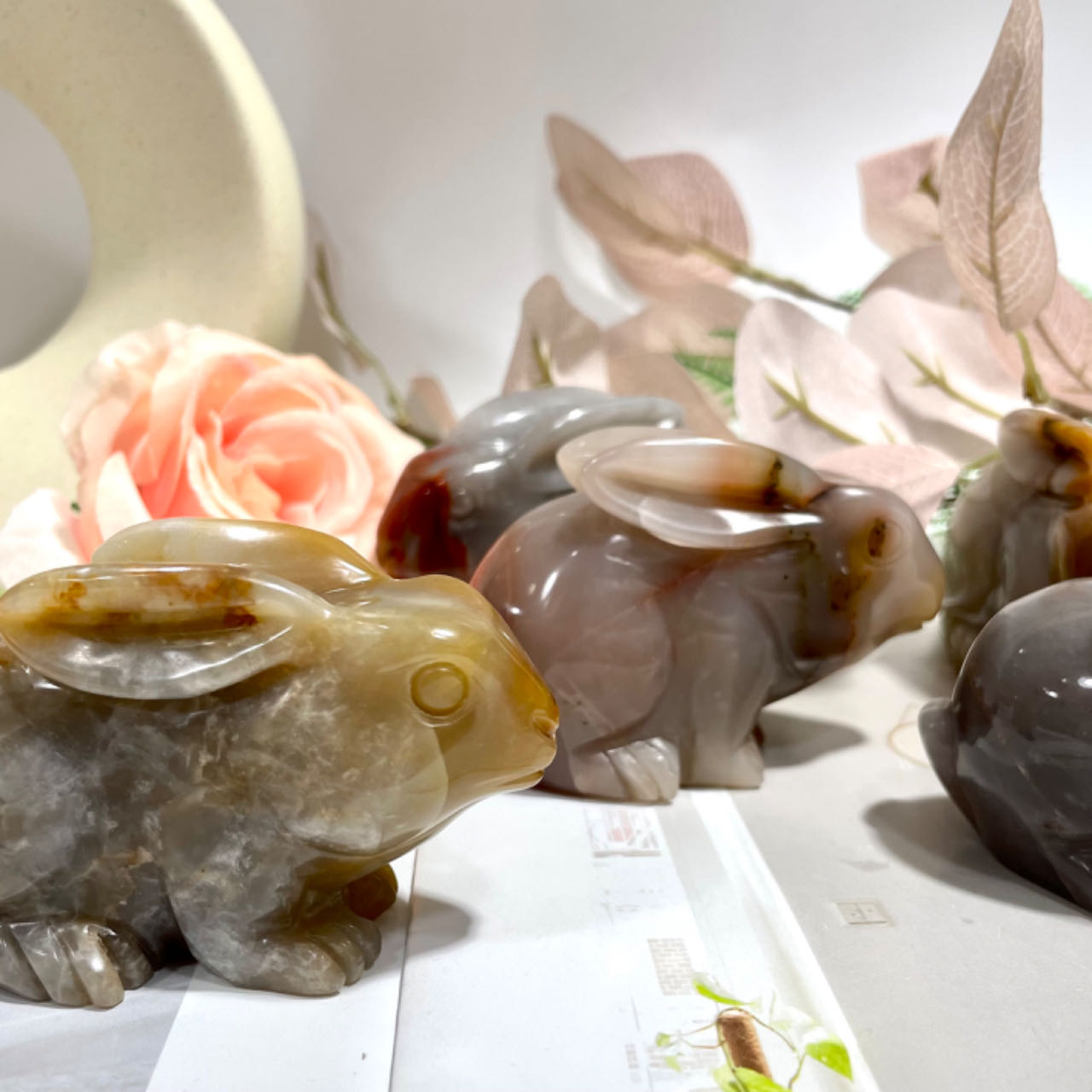 2 Counts Three-colour Jade Rabbit Healing Stone Home Decoration From IG Crystal