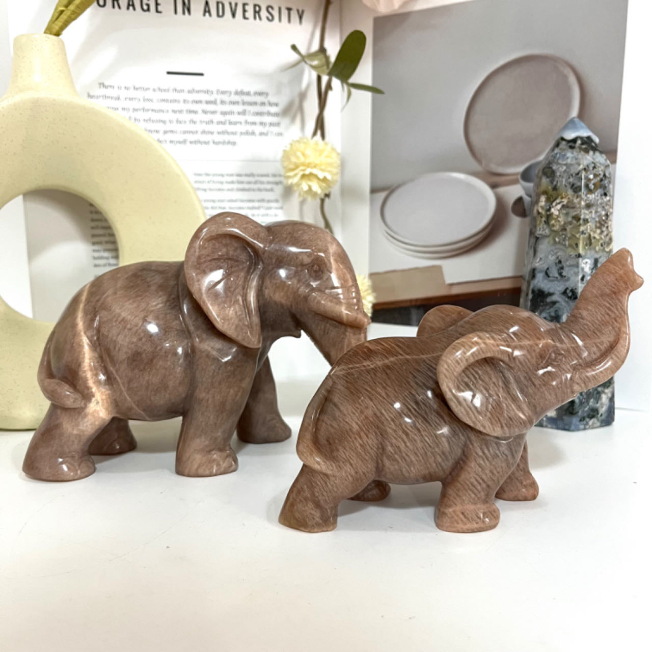 Hand-Carved Natural Orange Moonstone Elephant Crystal Statue From IG Crystal