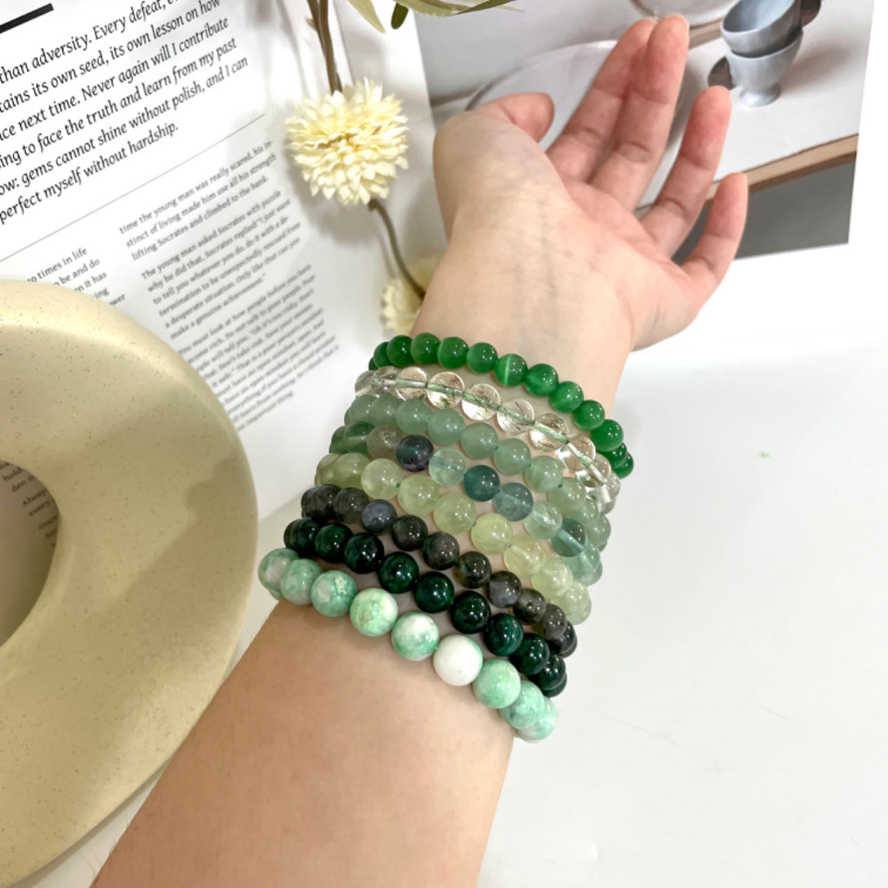 8PCS Green Crystal Bracelets Set  Cat Eyes Stone Green Rutile Strawberry Quartz Rainbow Flourite Prehnite Moss Agate Malachite Lasionite From IG Crystal