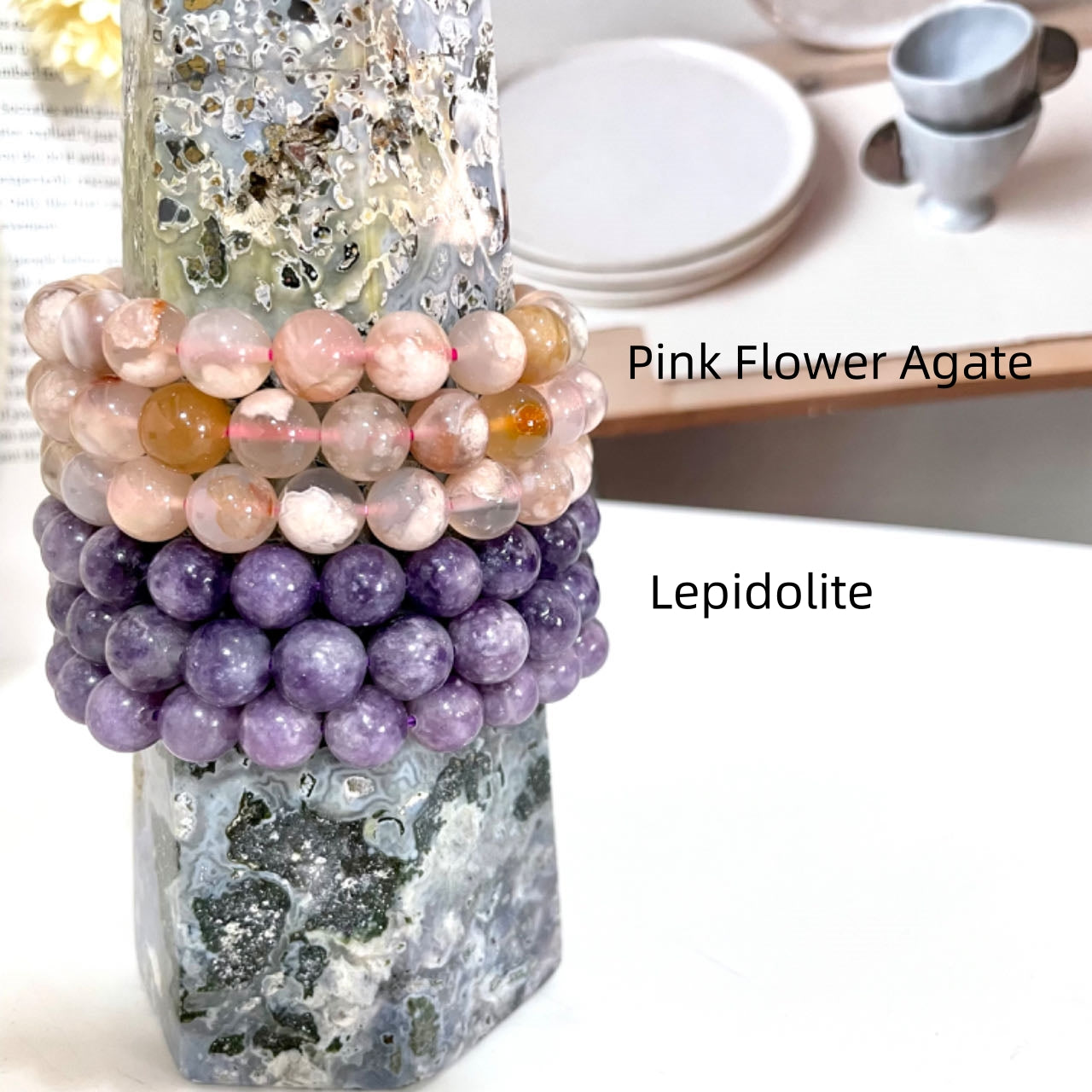 6PCS 8~10mm Crystal Bracelets Set Golden Rutile Moss Agate Sunstone Green Strawberry Quartz Blue Onyx Rose Quartz Black Moonstone Alxa Pink Flower Agate Lepidolite Black Flower Agate From IG Crystal