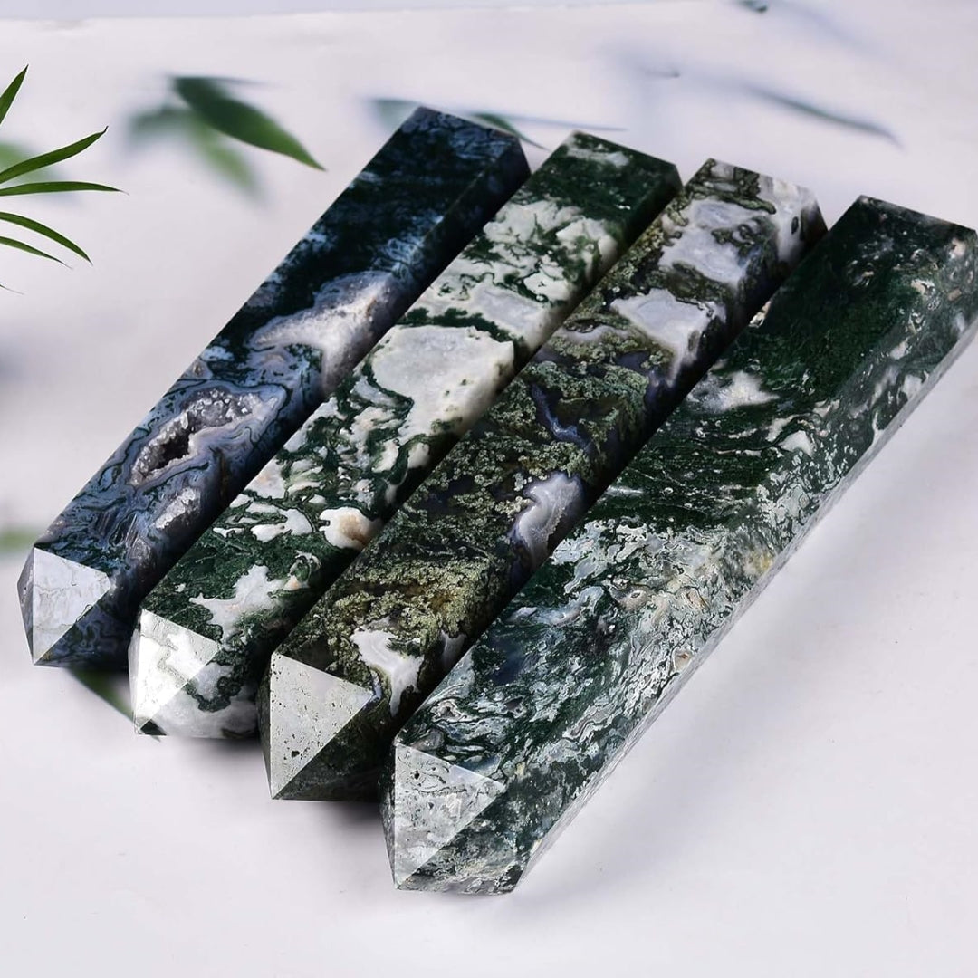 Large Moss Agate Crystal Tower Healing Crystal Wand for Spiritual Use Hexagonal Point Reiki Chakra Gemstone Home Decor From IG Crystal