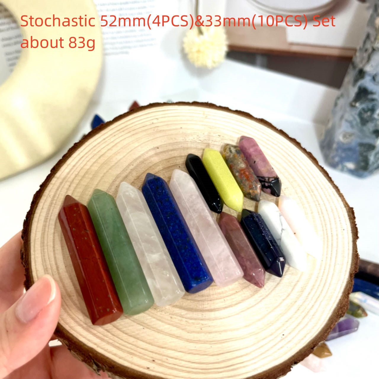 Different Maerail Small Crystal Wands Set Tiger Eyes Pink Opal Hematite Green Flourite Yellow Flourite Clear Quartz Bumblebee Jasper Dream  Amethyst Sodalite Dragon Blood  Stone From IG Crystal